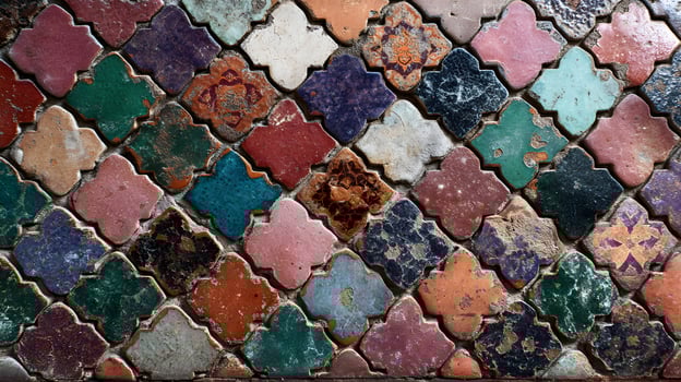 A Vibrant Tapestry of Antique Arabesque Tiles Forming a Unique Pattern and Texture Rich Mosaic Design photo