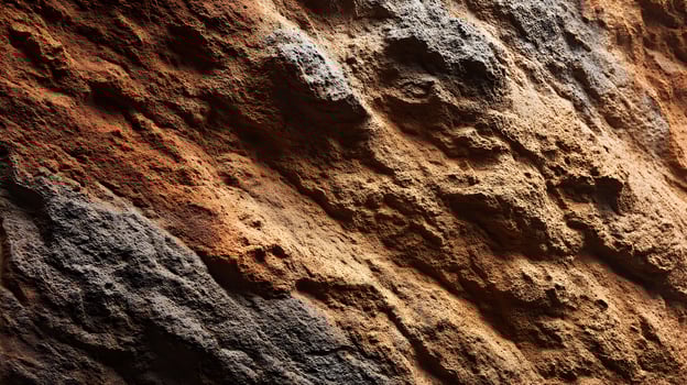 Detailed surface of brown and gray rock face showcasing intricate patterns and rugged texture elements photo