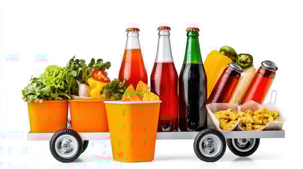 A cart with various drinks and food items photo