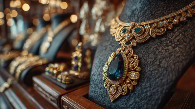 Elegant gold jewelry display showcasing intricate designs and vibrant gemstones at a local marketplace photo