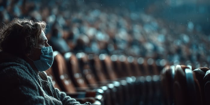 Audience member wears a mask while seated in an empty theater during a performance in the evening photo