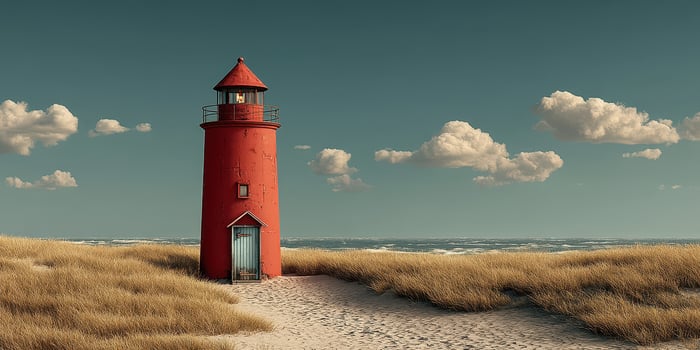 Lighthouse stands tall on sandy shore with gentle waves and fluffy clouds in background during serene afternoon photo