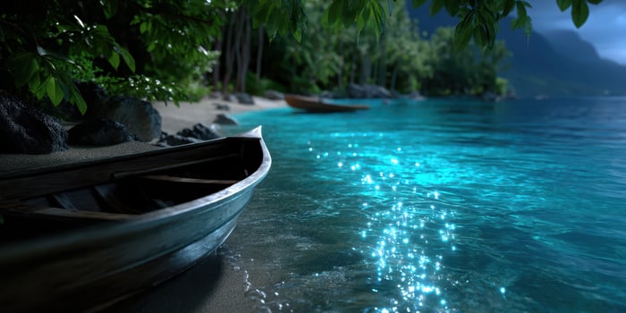 Tranquil beach setting with boats moored in shimmering waters at dusk near tropical vegetation photo