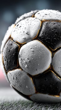 Detailed close-up view of a wet soccer ball with droplets and shiny surface on a field during a rainy day photo