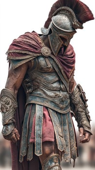 Gladiator in historic armor walks confidently at a cultural festival in a sunny outdoor setting photo