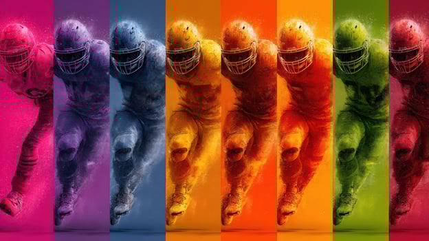 Dynamic football players in vibrant colors charging forward during an exciting game on the field photo