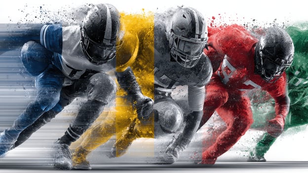 Dynamic football players bursting into action during an intense match in a modern stadium photo