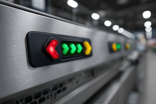 Glowing arrows highlight machine control interface in modern manufacturing facility photo