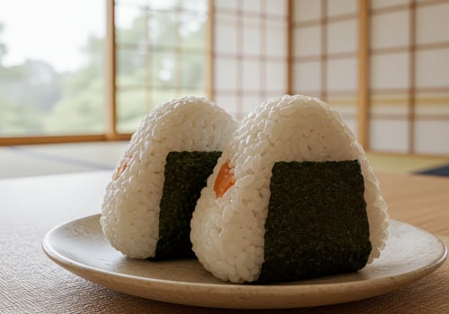 Delicious Japanese Onigiri rice balls with seaweed. Served on plate photo