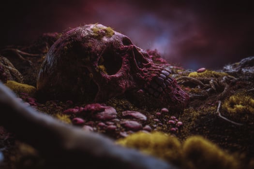 Eerie skull resting among moss and stones in a dark forest setting photo