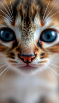 A close up of a cat's face with blue eyes photo