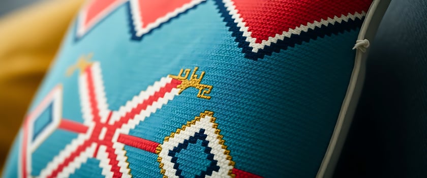 close up of a blue and red pillow photo