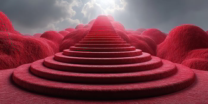 Stairway leading to clouds above a vibrant red landscape during daytime lighting photo