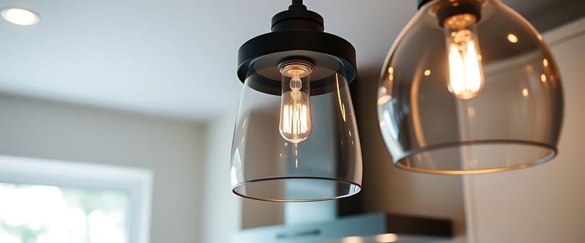 couple of lights that are hanging from a ceiling photo