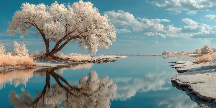 Breathtaking landscape with a solitary tree reflected in calm water at a serene riverbank during midday photo
