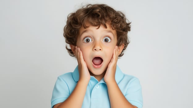 Preschool boy with wide open eyes mouth surprise expressing and and amazement while holding cheeks with hands photo