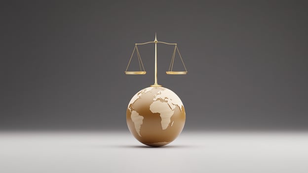 Golden scales of justice balanced on a globe, symbolizing global law and fairness, with a minimalist background emphasizing the importance of justice and equality in society photo