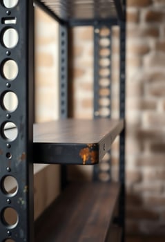metal shelf with a wooden shelf and a brick wall in the background photo