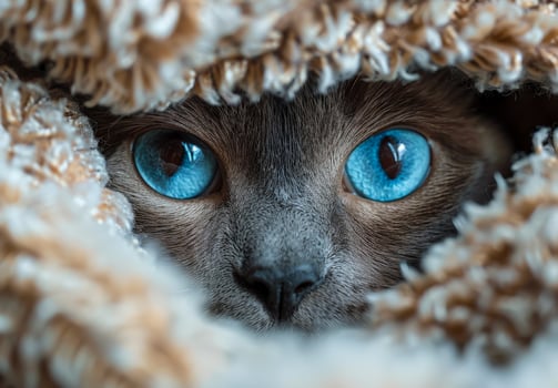 Cat with blue eyes peeks out. A curious cat peeks through a soft, textured blanket, showcasing bright blue eyes and a playful expression. photo