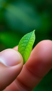 person holding a small green leaf in their hand photo