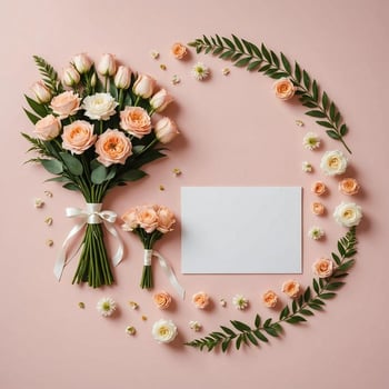 Minimalist still life wedding concept flowers flat lay with blank space photo