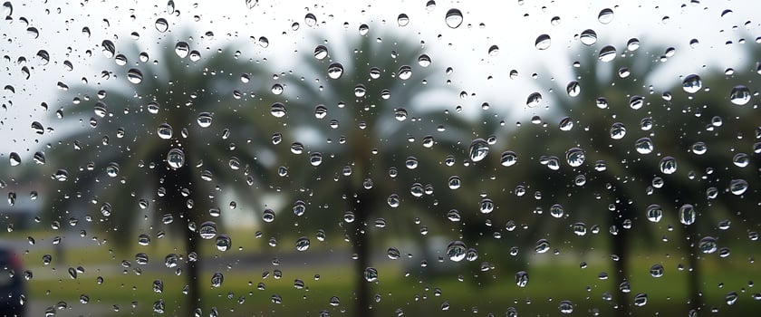 rain drops on a window with palm trees in the background photo