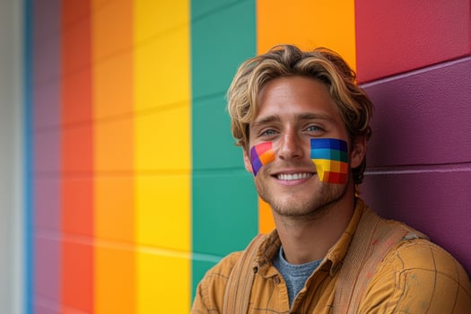 A young man with rainbow painted on his face photo
