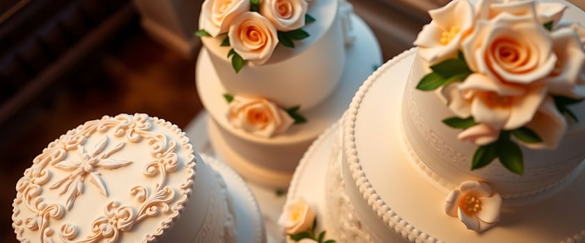 A close up of three wedding cakes with orange roses photo
