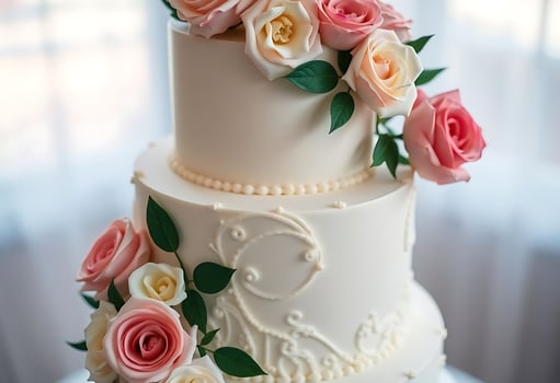 wedding cake decorated with pink and white flowers photo