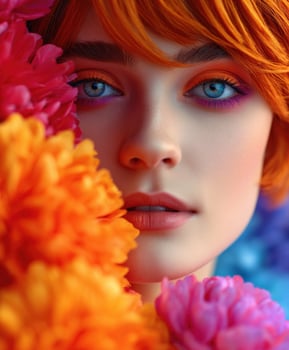 Woman with orange hair poses with vibrant flowers photo