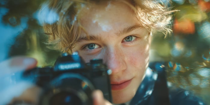 Young photographer capturing moments with a camera in a vibrant outdoor setting during daytime photo