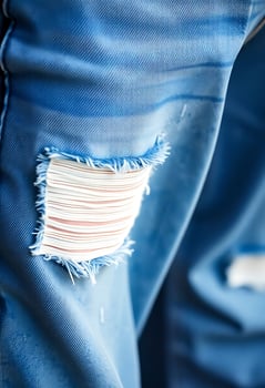 pair of blue jeans with a ripped pocket photo