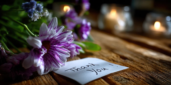 Beautiful flowers with a handwritten thank you note lit by soft candlelight on a rustic wooden table photo