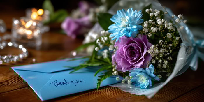 Colorful bouquet with thank you card on wooden table setting for special occasions and celebrations photo