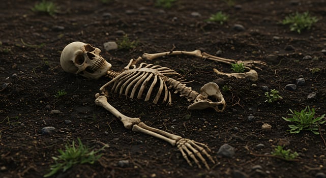 A skeleton laying in the dirt on a field photo