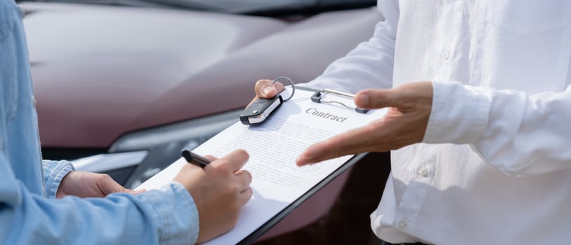 Dealership send contract and car keys to new owner to sign. Sales, loan credit financial, rent vehicle, insurance, renting, Seller, dealer, car care business photo