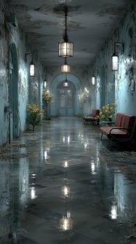 Worn corridor with blue walls and reflective floor illuminated by lanterns in an abandoned building photo