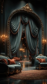 Elegant interior of a luxurious lounge with dark curtains and vintage furniture in a grand setting photo