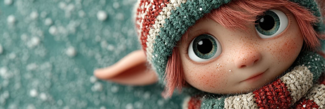 Cute character with large eyes and winter hat smiles warmly amid falling snowflakes in a colorful outdoor setting photo