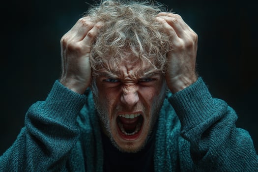 a man with a white beard and a white shirt is holding his head photo