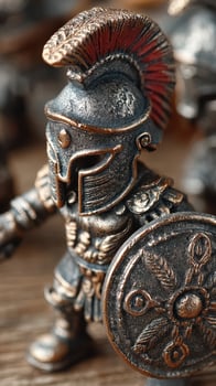 Miniature Roman soldier displayed on a wooden surface showcasing intricate details and craftsmanship in armor and shield photo