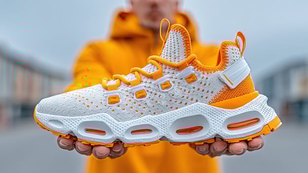 Stylish sneaker showcased by a person in a bright orange hoodie outdoors on a cloudy day photo