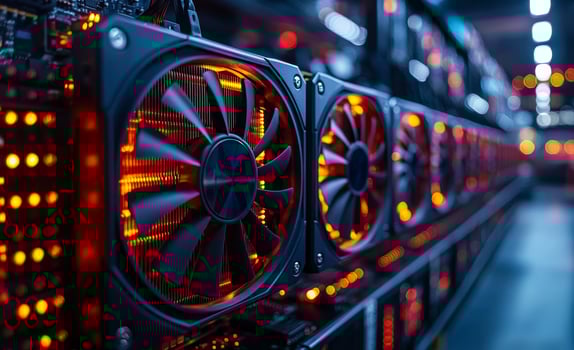Crypto miner cooling system. Fans spin rapidly, emitting a warm glow, while powerful machines operate in a dark mining facility. photo