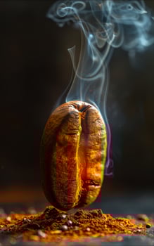 Coffee bean releasing aromatic steam. A coffee bean floats above ground coffee, emitting fragrant steam in a close-up shot, highlighting its rich texture. photo