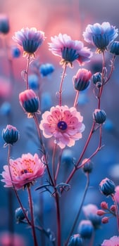 Colorful wildflower bloom at sunset. Wildflowers showcasing vibrant colors sway gently in the evening light, creating a serene and picturesque landscape. photo