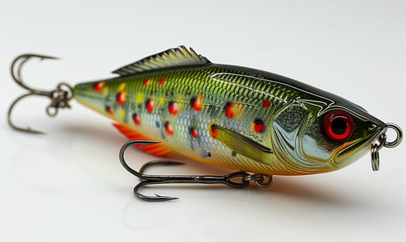 Bright lure on plain backdrop. A vibrant fishing lure showcasing bright colors and realistic details, designed for attracting fish during angling. photo