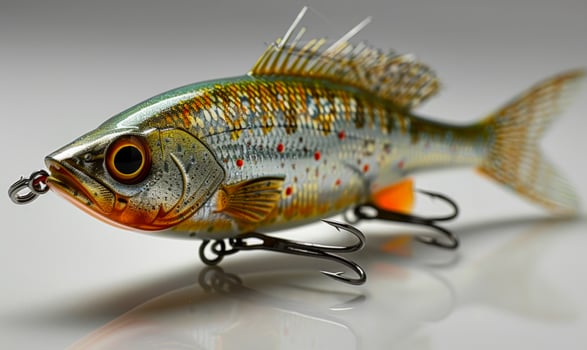 Vibrant handcrafted fishing lure. This handcrafted fishing lure features a colorful design with a reflective finish, ideal for anglers in various waters. photo