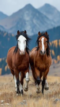 Horses gallop across golden meadows with mountains in the background during autumn photo