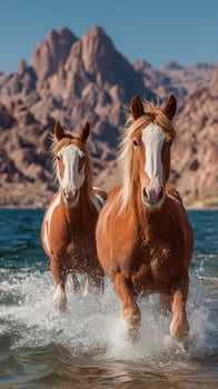 Horses run through shallow water against a backdrop of mountains under clear blue skies during golden hour photo
