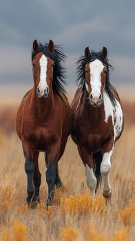 Wild horses running through tall grass in a vast landscape under a cloudy sky photo